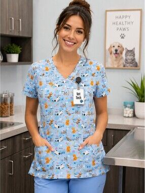 JDM Divine Stretch Cat Print Scrub Top Women's V-Neck Blue Nurse Vet Size Large